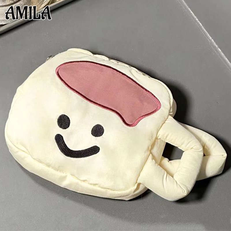Amila กระเป๋าเครื่องสําอาง ผ้าฝ้าย ปักลายหัวใจน่ารัก แบบพกพา ความจุสูง อเนกประสงค์