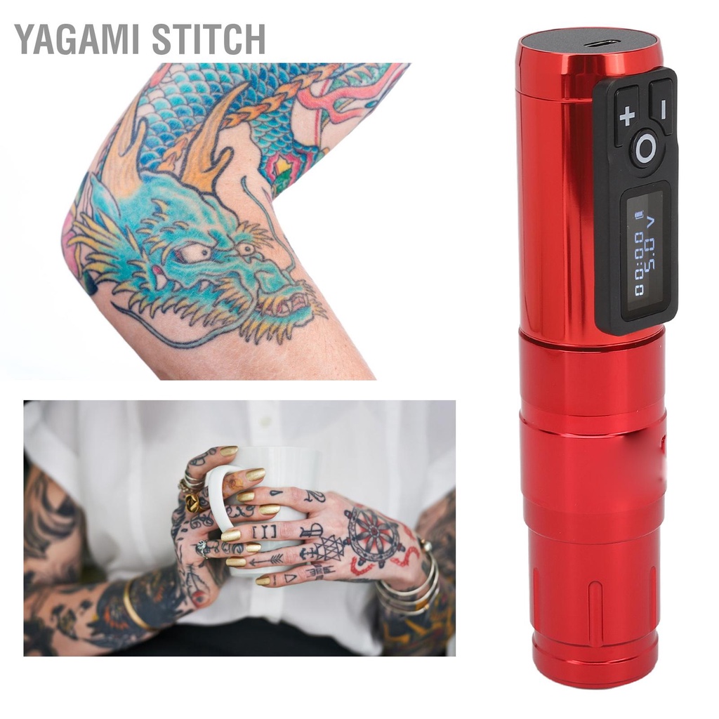 Yagami Stitch เครื่องสักโรตารีไร้สาย 2400mAh พร้อมแบตเตอรี่ Coreless จอแสดงผล LED การชาร์จอย่างรวดเร็วตลับหมึกปากกาสักสีแดง