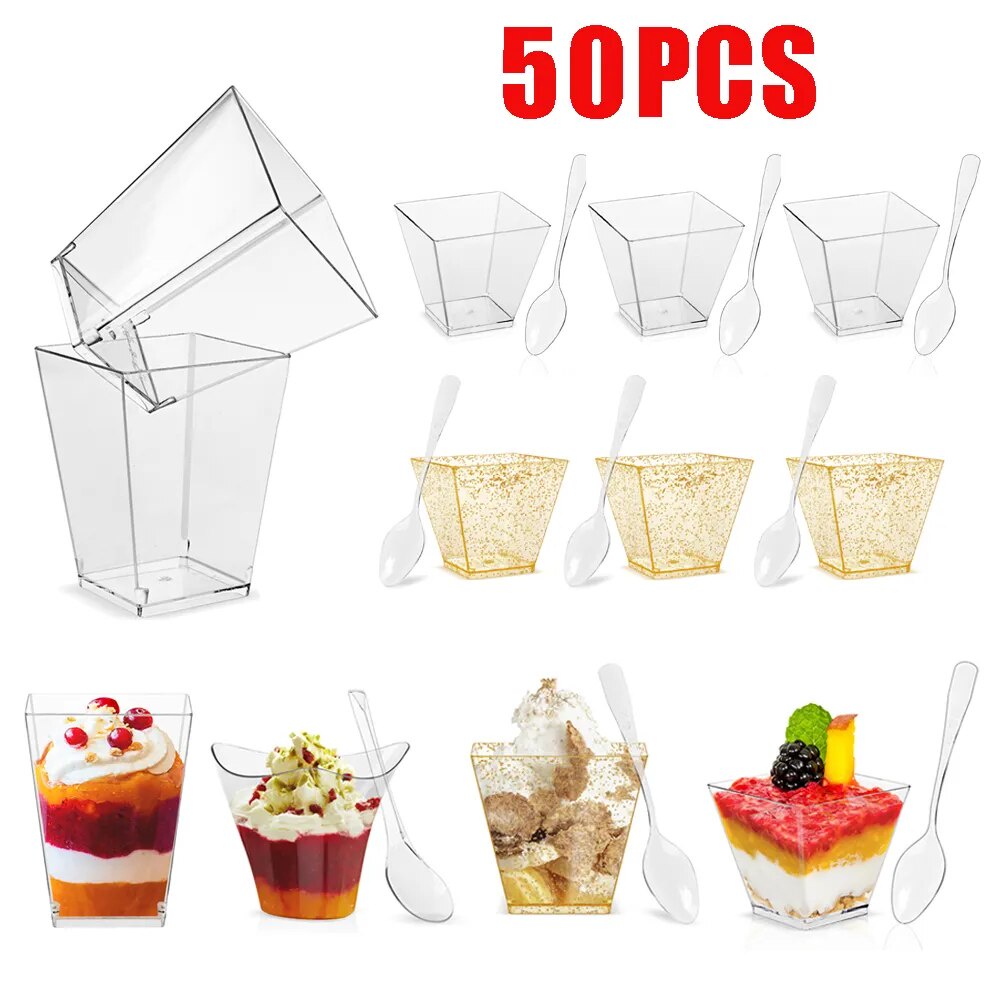 50pcs Disposable Plastic Dessert Cups Portion Transparent Dessert Ice Cream Cup Home Christmas Party
