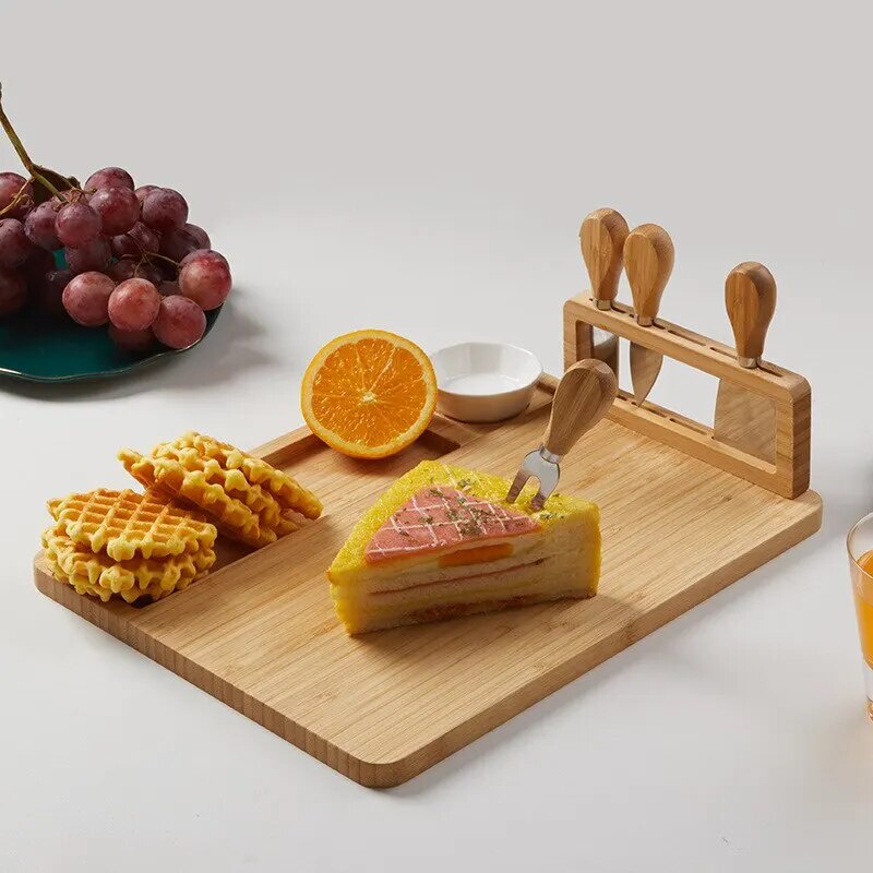 Bamboo Cheese Board Set with Square Wooden Board, Knife Holder, 4 Stainless Steel Knives, Dessert Pl