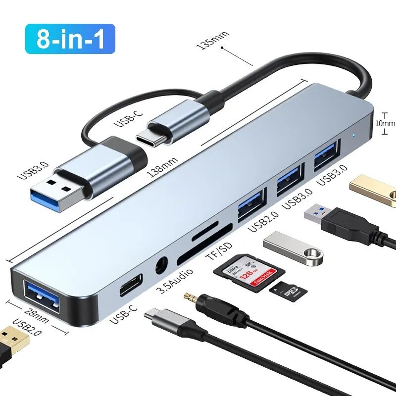 8IN2 ฮับ USB 3.0 ฮับ USB C Dock Station การส่งข้อมูลความเร็วสูง 5Gbps ตัวแยกสัญญาณ USB ประเภท C ถึงอะแดปเตอร์ USB OTG