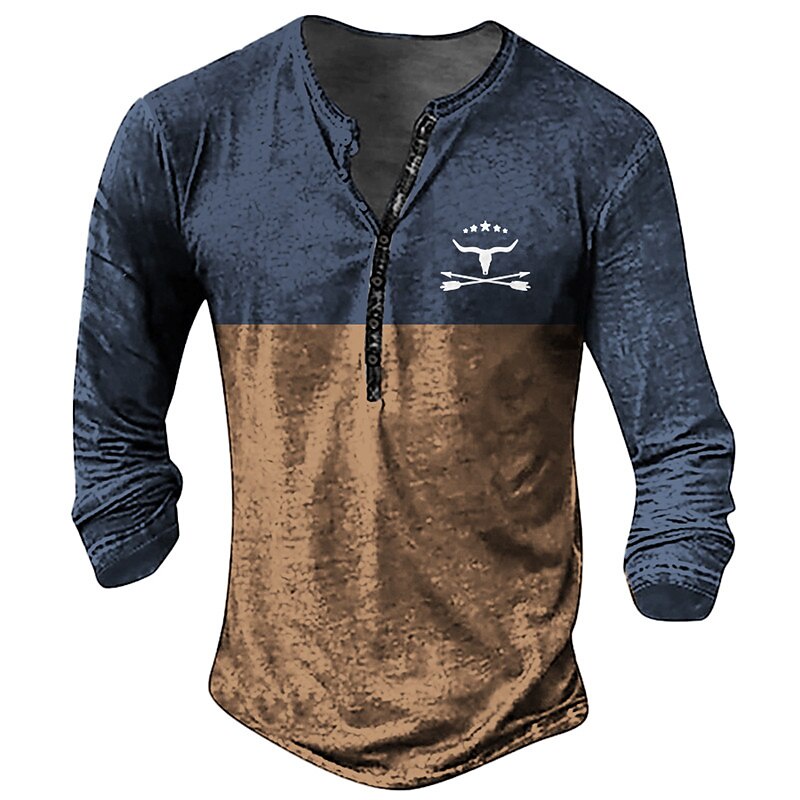 Vintage เสื้อยืดผู้ชายแขนยาว 3D กราฟิกคาวบอย Henley ขนาดใหญ่