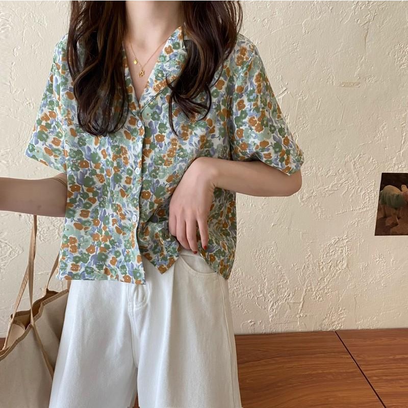 littlebee.shop.99002เสื้อชีฟอง เสื้อเชิ้ต ลายดอกไม้ เหมาะกับหน้าร้อน เสื้อผ้าบาง ชีฟอง คอจีน ใส่ในวันสบายๆๆ