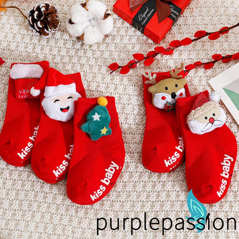 Purplepassion-girls Boys Christmas Socks ถุงเท้าผ้าฝ้ายน่ารัก Cozy Crew Socks with Grippers สําหรับทารกเด็กวัยหัดเดินแฟชั่น