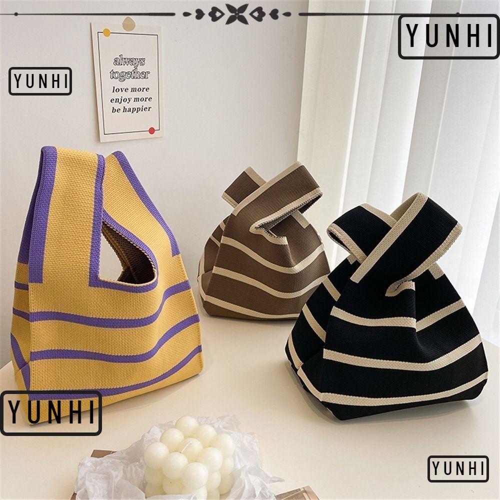 Yunhi กระเป๋าถือลําลอง ผ้าถัก ลายสก๊อต แฮนด์เมด