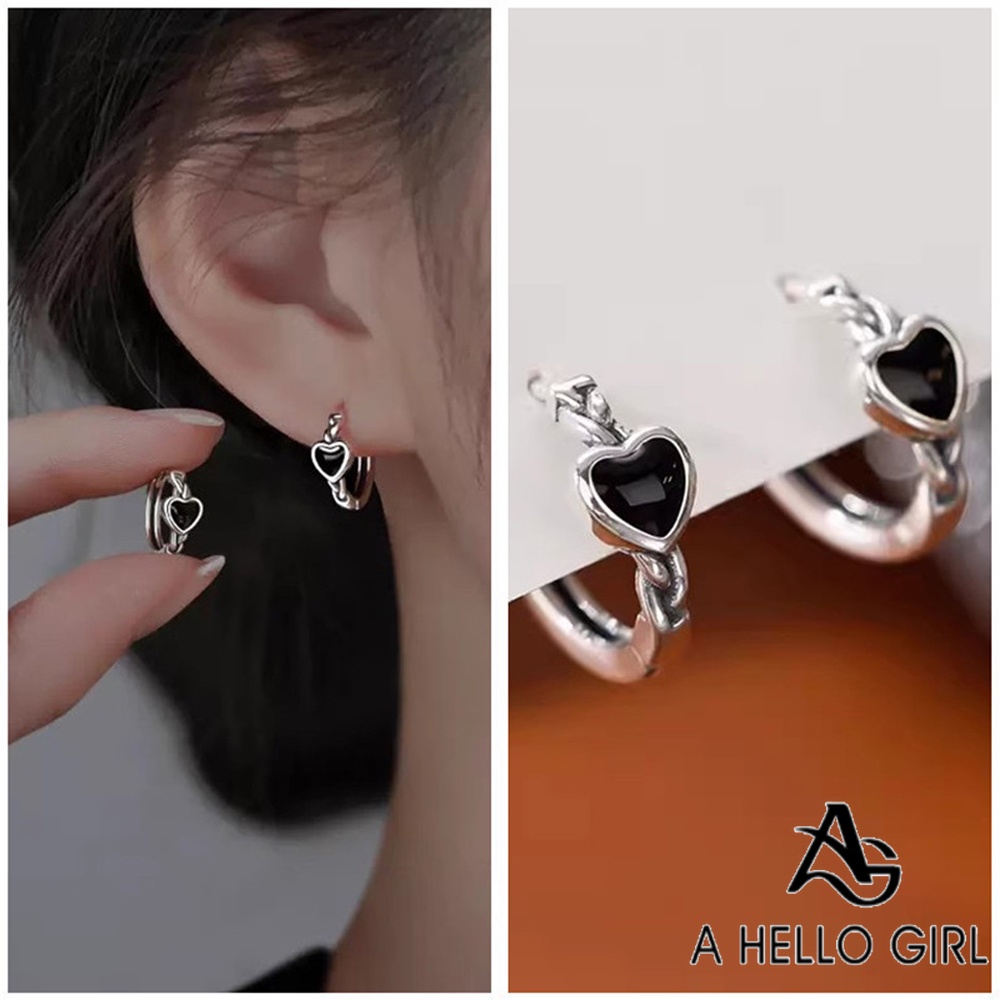 A HELLO GIRL ใหม่ ต่างหู รูปหัวใจ สีดํา สไตล์อินเทรนด์ สําหรับผู้หญิง 2023