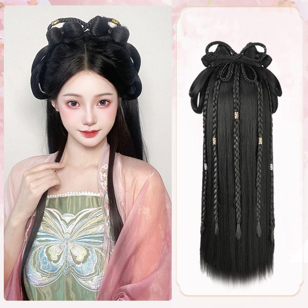 Kowen วิกผมจีนโบราณ, ผู้หญิงสังเคราะห์โบราณ Hanfu วิกผม, Hairpiece Headdress สีดําแบบบูรณาการผม Bun ราคา ถูกที่สุด ดีลบีเคเค แกลเลอรีภาพที่ 3