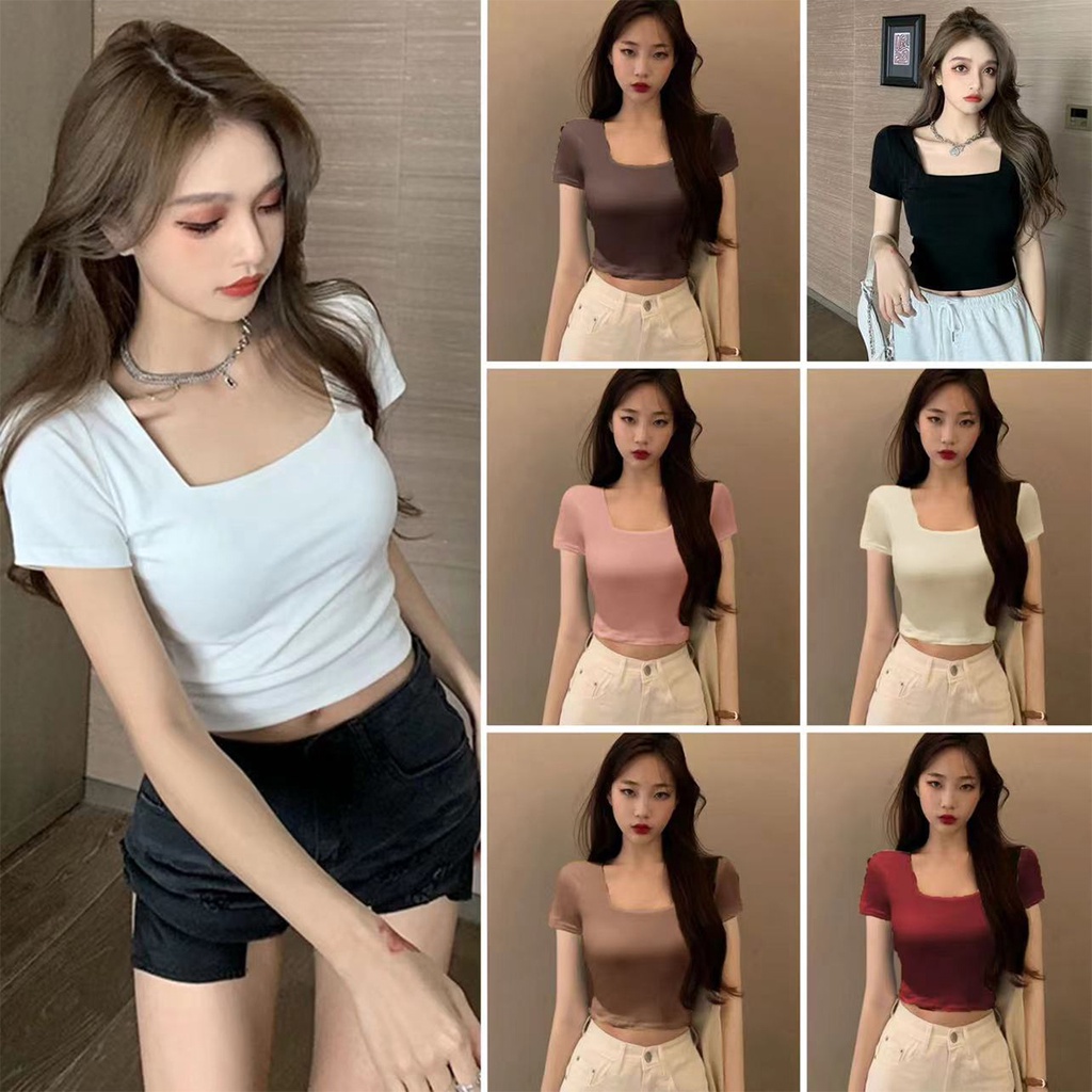 เสื้อครอปทรงคอเหลี่ยม สีพื้น ผ้าคอตตอนผสมเรยอน นิ่มใส่สบาย