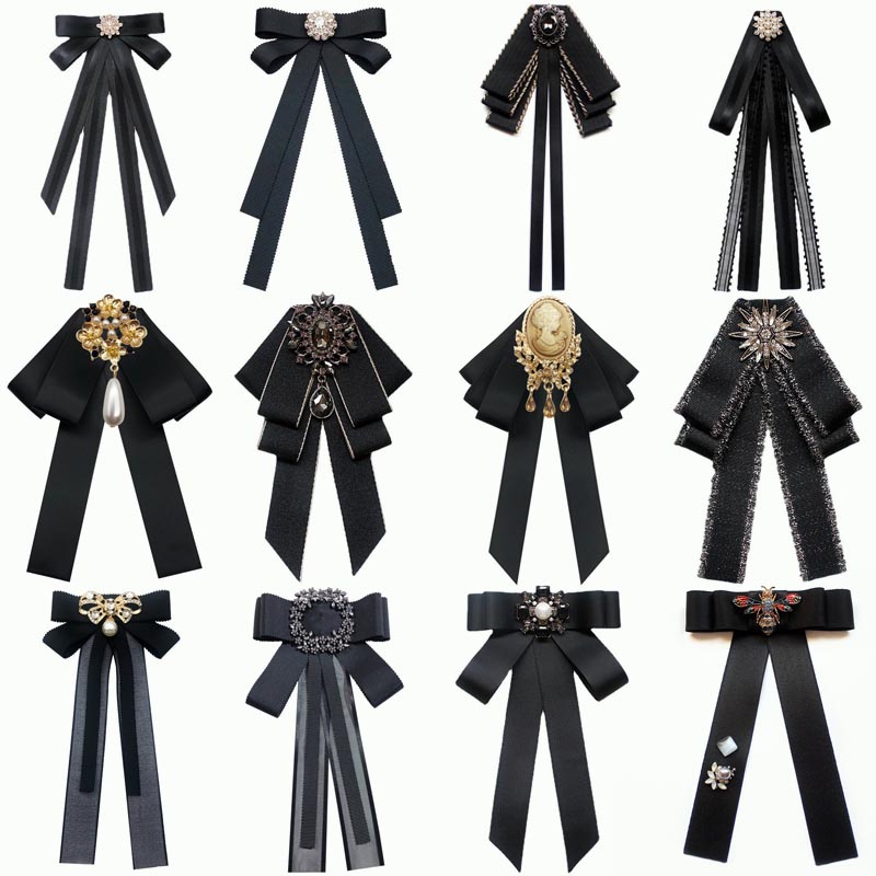 สีดําผู้หญิงผูกโบว์French Elegant Bowknot เนคไทกับ Pins งานแต่งงานวันเกิด Chrismas ปีใหม่พรรคปกชุดดอกไม้อุปกรณ์เสริมเสื้อ