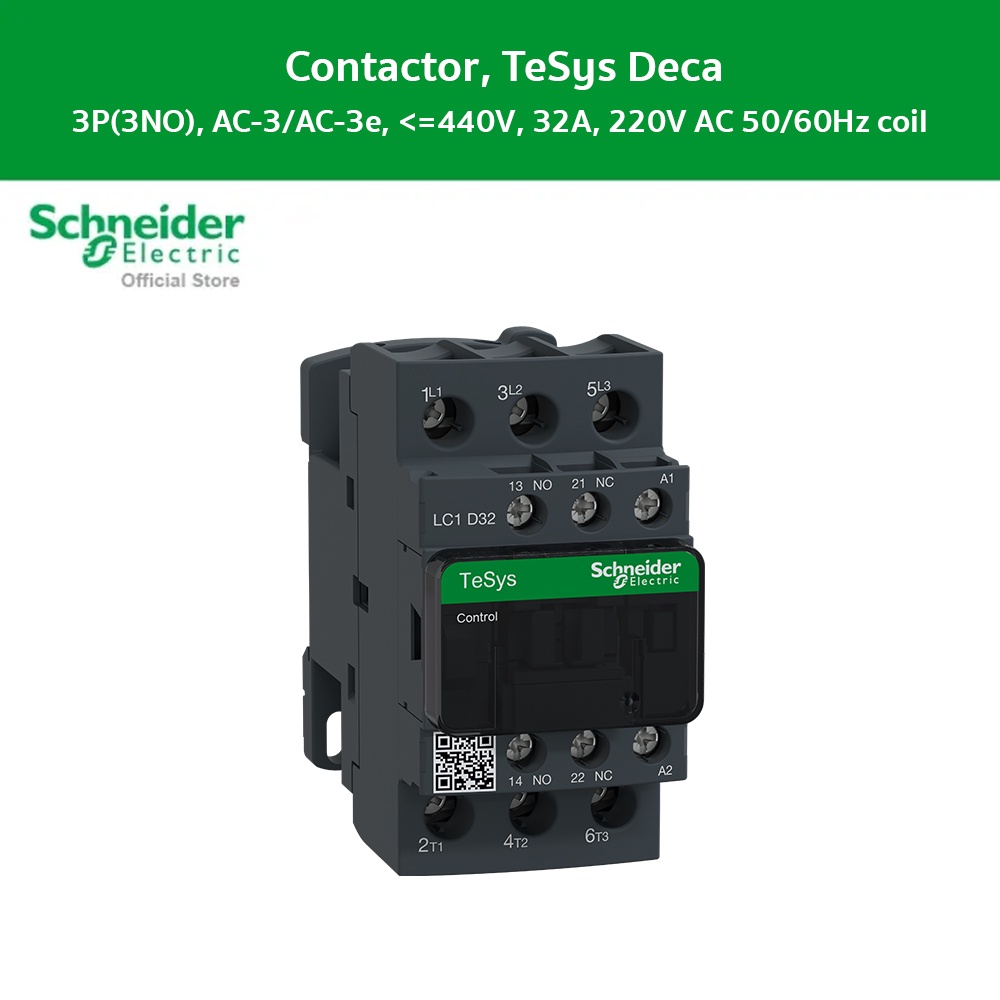 Schneider Electric Contactor,TeSys Deca,3P(3NO),AC-3/AC-3e,<=440V,32A,220V AC 50/60Hz coil (LC1D32M7)