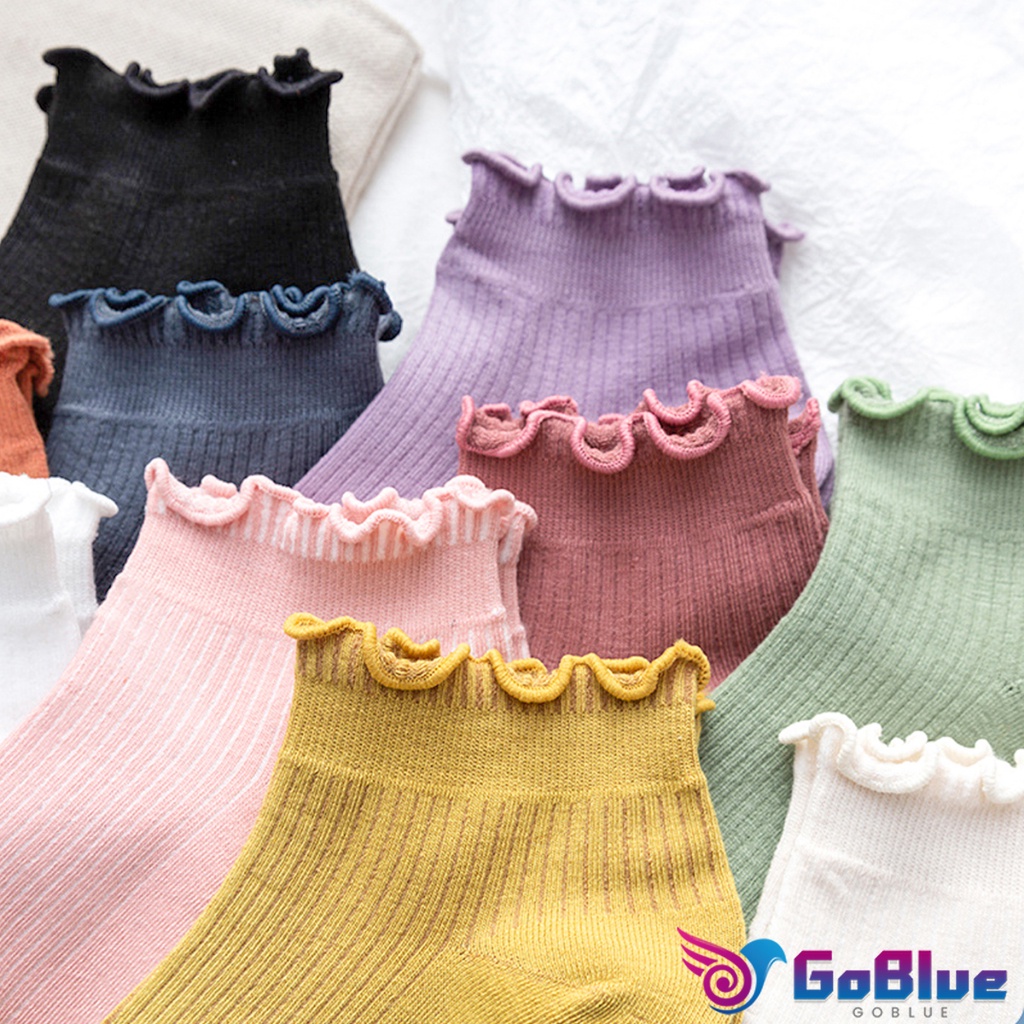 GoBlue ถุงเท้าข้อจีบ สีพาสเทล  สไตล์ญี่ปุ่น  สำหรับผู้หญิง Women socks ราคา ถูกที่สุด ดีลบีเคเค แกลเลอรีภาพที่ 3