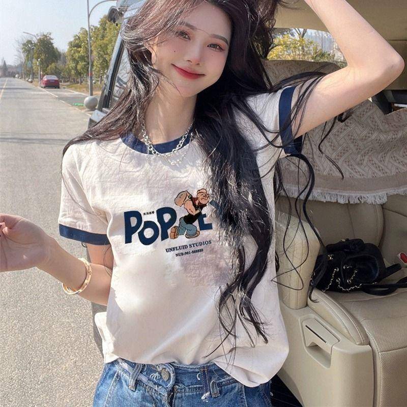 เสื้อยืดแขนสั้น เปิดไหล่ แบบบาง ทรงหลวม สไตล์อเมริกันเรโทร แฟชั่นฤดูหนาว สําหรับผู้หญิง