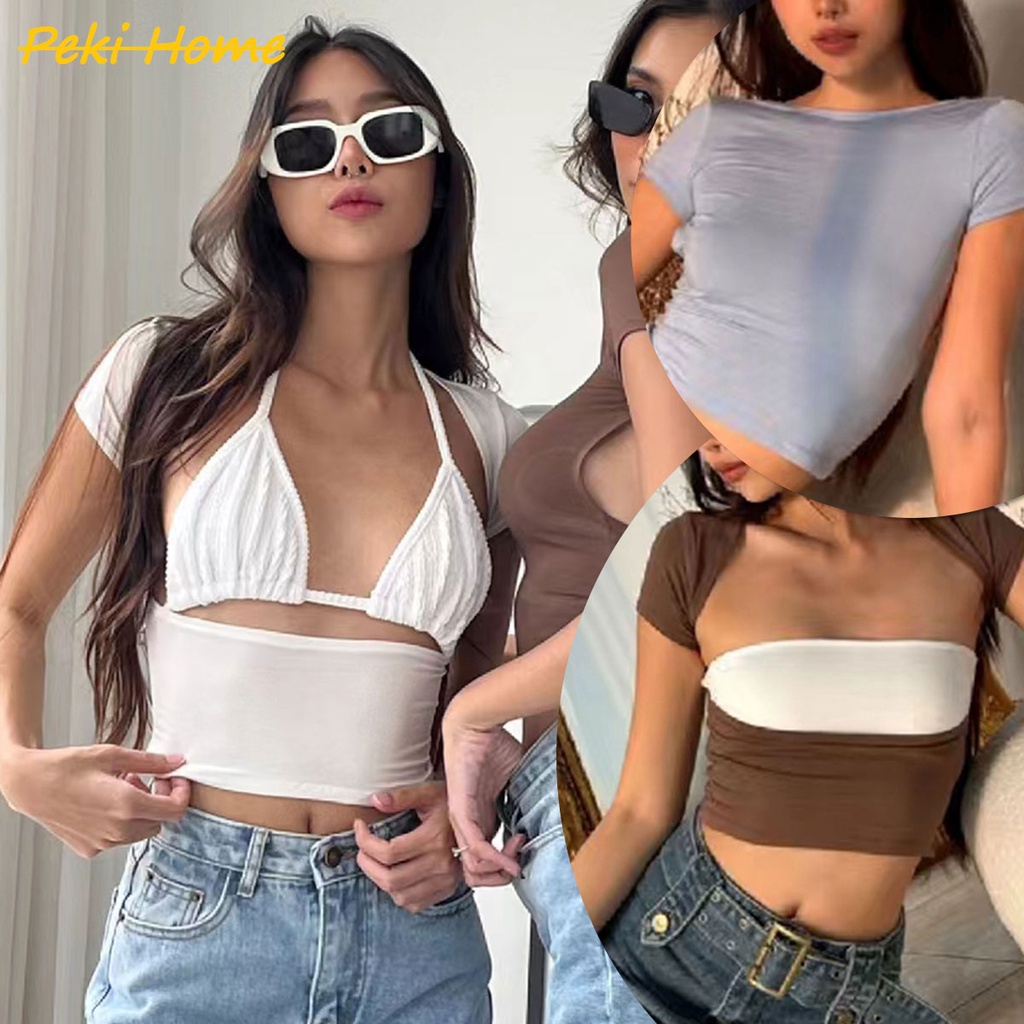 พร้อมส่ง เสื้อครอปลำลองสั้นสีพื้นเว้าหลังสุดเเซ่บ ใส่ได้ 2 ด้าน