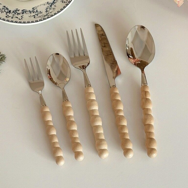 (พร้อมส่ง) ช้อน ส้อม มีด ด้ามเป็นทรงมุก ไม้แท้ งานสวย มินิมอล ด้ามจับถนัดมือ