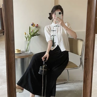 เสื้อเชิ้ตแขนสั้น กระโปรง พลัสไซซ์ สไตล์จีน แฟชั่นฤดูใบไม้ผลิ และฤดูร้อน สําหรับผู้หญิง