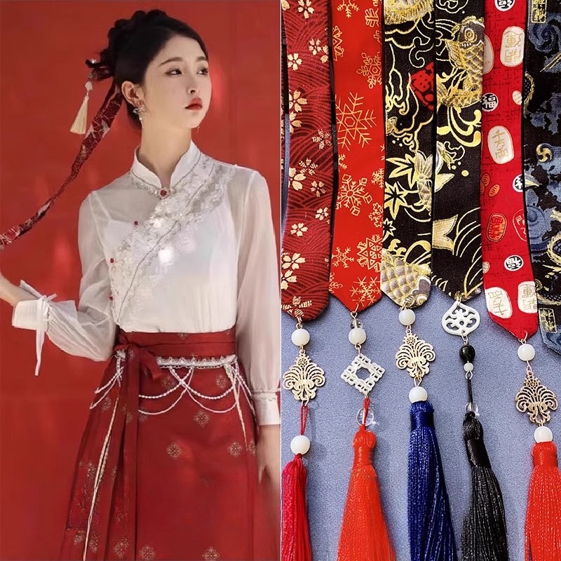 [Magpie] ที่คาดผมกระโปรงยาว ประดับริบบิ้น พู่ สีแดง สไตล์จีนโบราณ สําหรับผู้หญิง