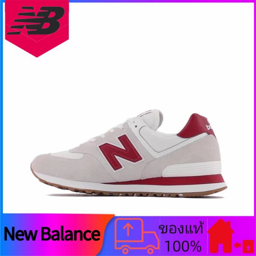 ของแท้ 100% New Balance NB 574 รองเท้าวิ่งแบบสวมสบายดูดซับแรงกระแทกสีเทาสีแดง