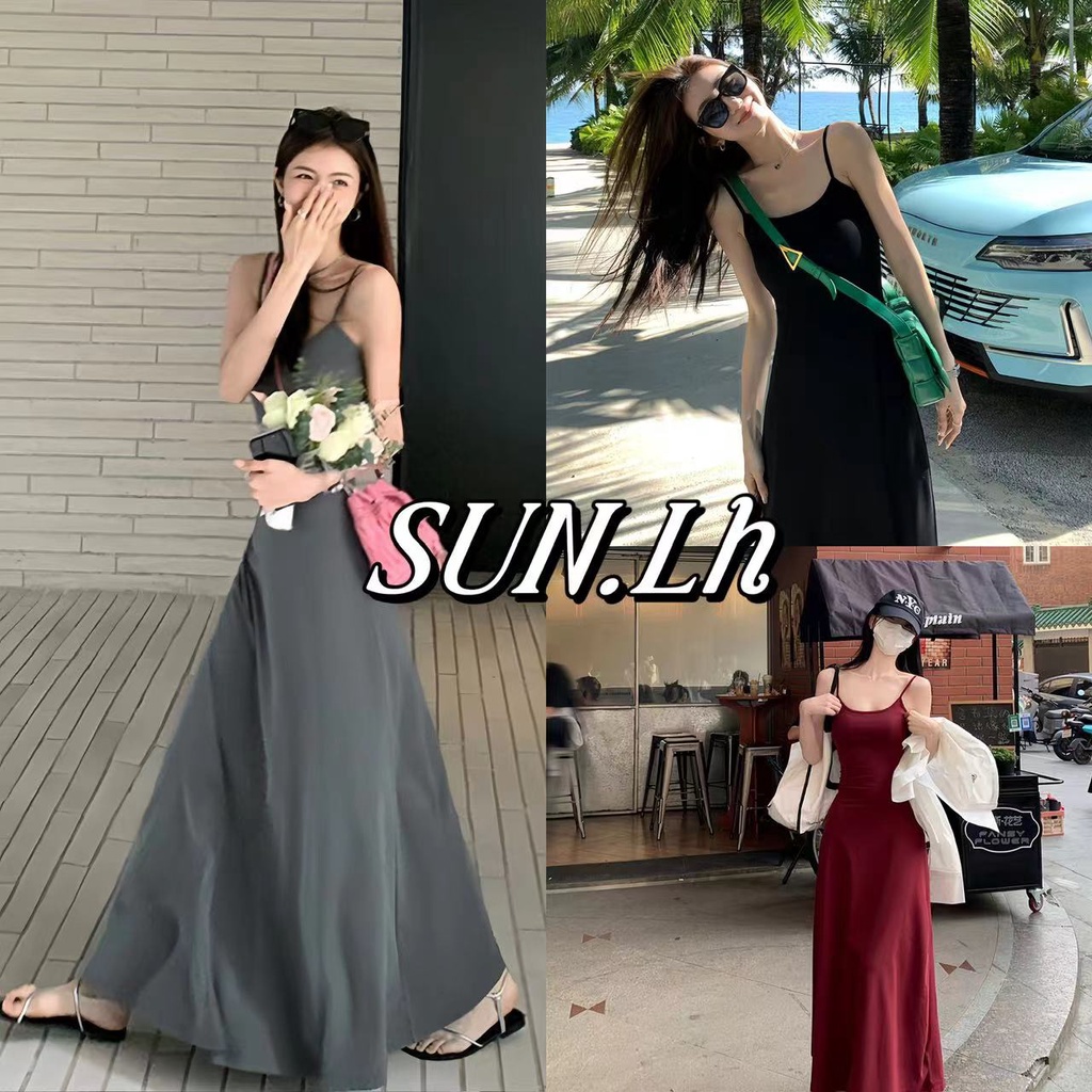 SUN  จัดส่งทันที  เดรสสลิงกระโปรงยาว ใหม่ กระโปรงสีดำ เพรียวบาง เซ็กซี่
