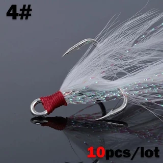 Outkit 10 ชิ้น Lure Treble Hooks 4X Strength พร้อม Feather Tackle ตกปลา Hook Stronger เหล็กคาร์บอน Barbed Fishhooks Pesca
