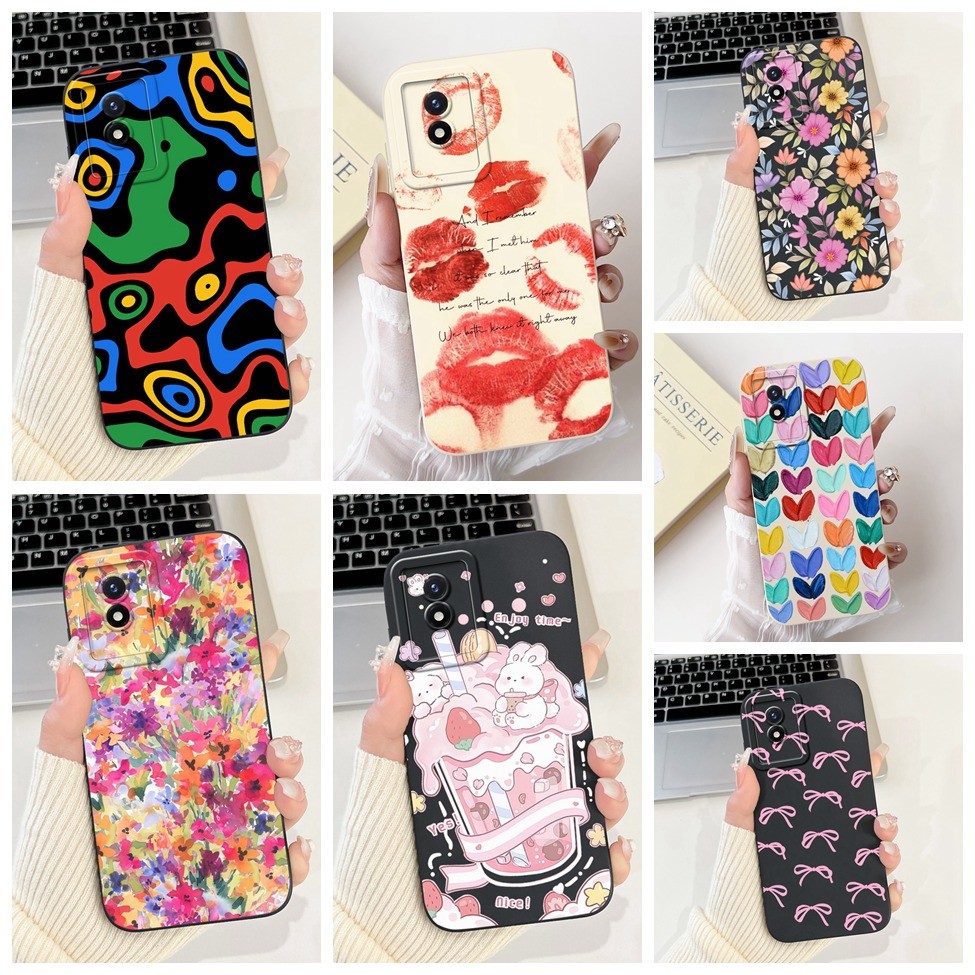 ปลอก Vivo Y02 Y02A Y02T เคสแมวน่ารักแฟชั่นดอกไม้รักฝาครอบ Vivo V2213 V2234 V2254 V2252 เคสโทรศัพท์