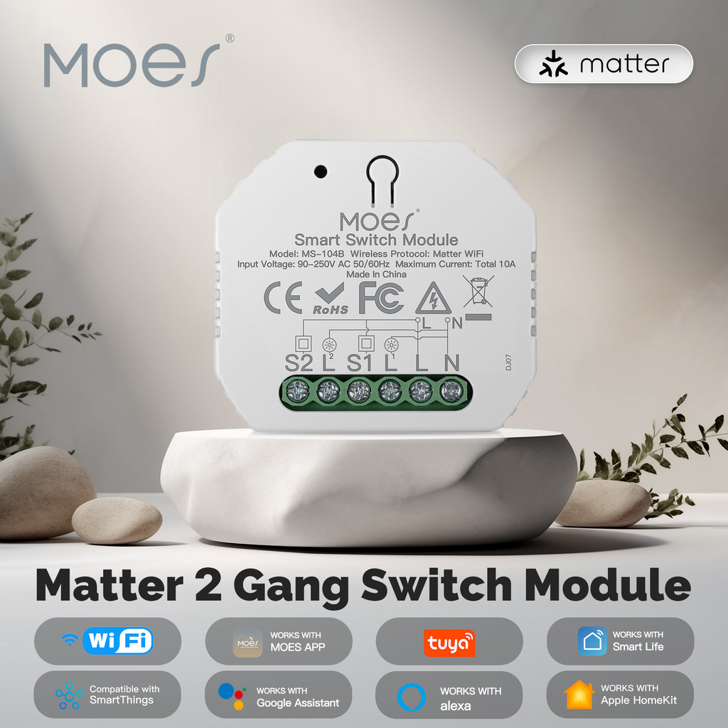Moes Tuya Matter WiFi สวิทช์โมดูล 2 Gang สมาร์ท Automation รีเลย์จับเวลา App รีโมทคอนโทรลทํางานร่วมกับ Alexa Google Home Apple