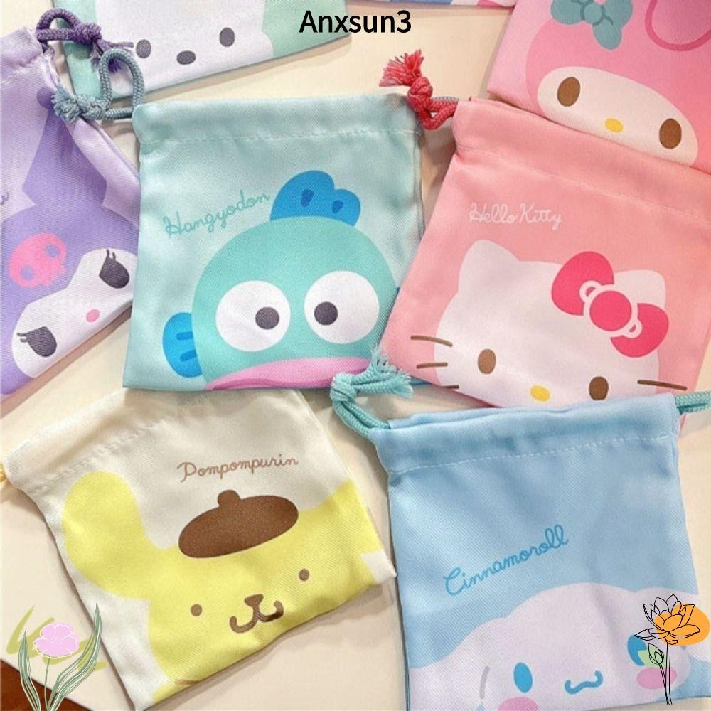 Anxsun3 Sanrio Kuromi Drawstring Bag, สไตล์ญี่ปุ่นการ์ตูน Mini Bundle Pocket, กระเป๋าเก็บของ Kawaii กระเป๋าเครื่องสําอางกระเป๋าพิมพ์เหรียญ