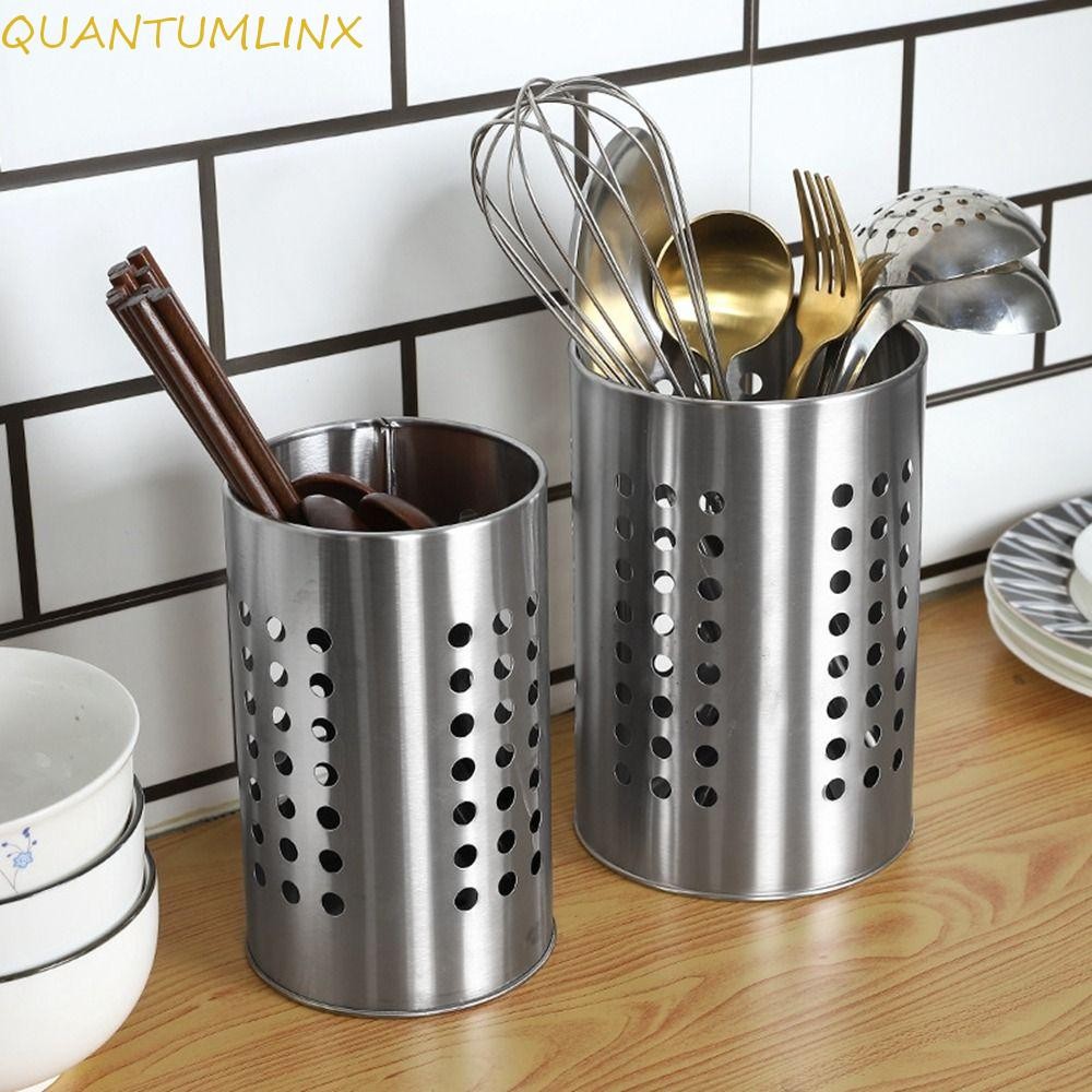 Quantuml ตะกร้าตะเกียบ, รอบท่อระบายน้ํากรงตะเกียบสแตนเลส, หนาเงินแขวน Hollowed Tableware Storage Tube ส้อม