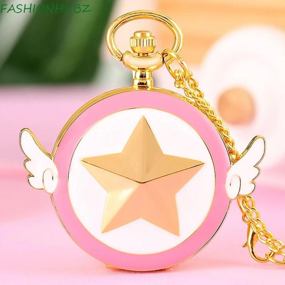 Fashionhubz SAILOR MOON นาฬิกาพ็อกเก็ตสไตล์ญี่ปุ่นแบบพกพา Sweet CARDCAPTOR SAKURA Star Wings คริสตัล Key Shape สร้อยคอนาฬิกา