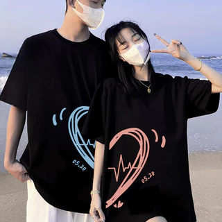 (จัดส่งตลอด 24 ชั่วโมง）Angle Official ชุดคู่เสื้อยืดคู่รัก ครึ่งรูปหัวใจ เสื้อสกรีน ผ้าคอตตอน100% S-3XL