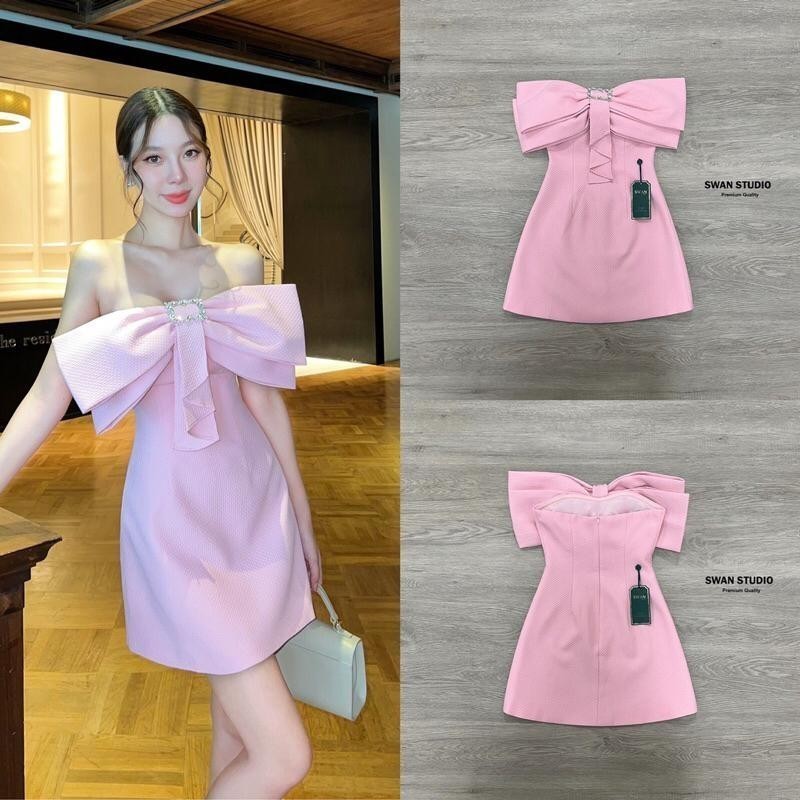 Hiso l พร้อมส่ง swan118 มินิเดรสเกาะอกสีชมพู แต่งโบว์ช่วงอก  H.closet