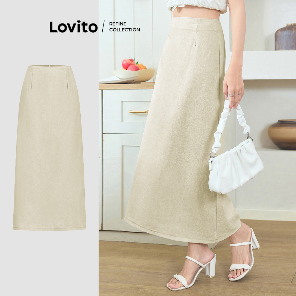 B95-AUG24-A-5-กระโปรงผ่าข้างผ้าฝ้ายลินิน-SKB95ED607