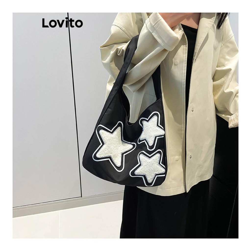 Lovito กระเป๋าสะพายไหล่สำหรับนักเรียน Y2K ที่มีความจุสูง ลายดาวน่ารักสำหรับผู้หญิง LFA56143