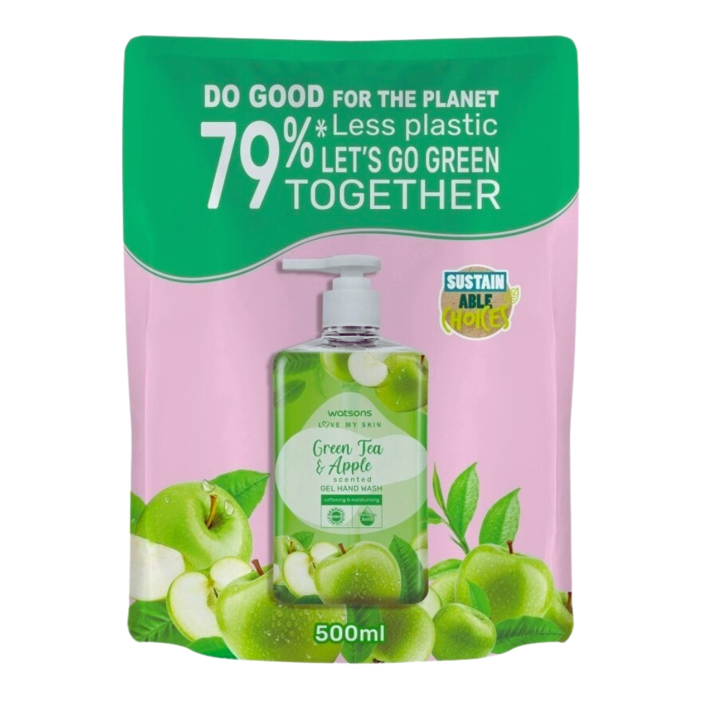 WATSONS วัตสัน สบู่เหลวล้างมือ เลิฟ มาย สกิน กรีนที แอนด์ แอปเปิ้ล เซ็นทิด เจล แฮนด์ วอช 500 มล.(รีฟิล)