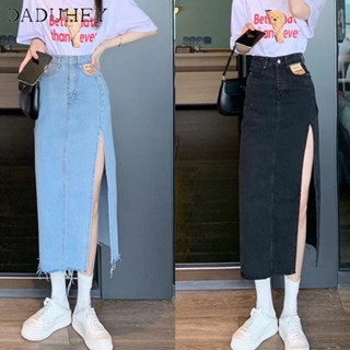 DaDuHey🎈 Womens Black Gray Korean Style High Waist Split Denim Skirt Thin-Fit Fashion Mid-Length Split Skirt