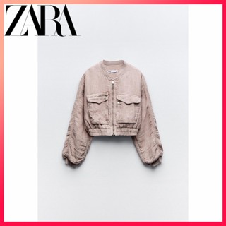 Zara ใหม่ เสื้อแจ็กเก็ตบอมเบอร์ ผ้าลินิน พร้อมกระเป๋า สําหรับผู้หญิง