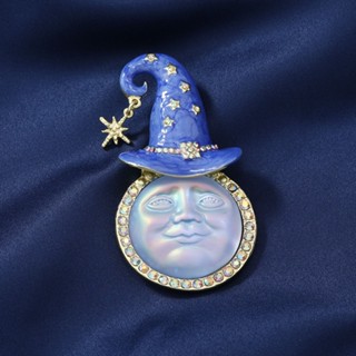 Spot mid-century wind moon hat blue face brooch mid-ancient light luxury magic color moon face pin high-end suit jacket accessories 0901hw