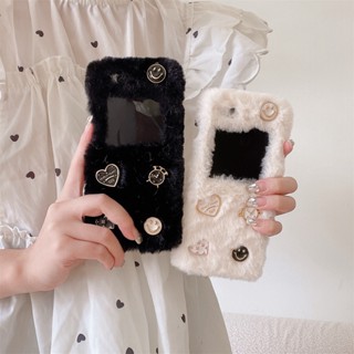 เคสป้องกันโทรศัพท์มือถือ ประดับขนปุย ลายนาฬิกาน่ารัก เรียบง่าย สําหรับ Samsung Galaxy Z Flip 1 2 3 4 5 Z Flip5