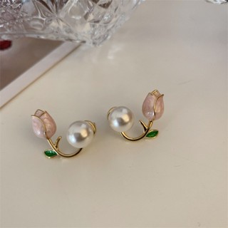 S925 Silver Needle Popular Tulip Temperament Versatile Small Fresh Earrings Design Sense Sweet Flower Pearl Earrings for Women