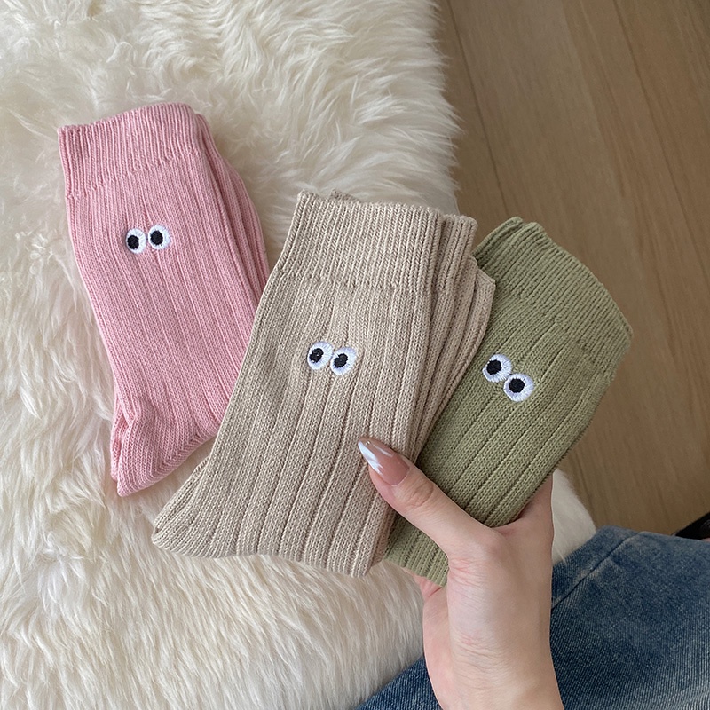 ถุงเท้า ผ้าฝ้ายแท้ แบบหนา ปักลายการ์ตูน สีพื้น แบบเรียบง่าย แฟชั่นฤดูใบไม้ร่วง และฤดูหนาว สไตล์เรโทร สําหรับผู้หญิง - รูปที่ 3