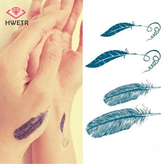 Hwetr สติกเกอร์รอยสักชั่วคราว ลายขนนก สีดํา กันน้ํา ลอกออกได้