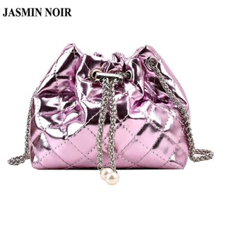 Jasmin NOIR กระเป๋าสะพายข้าง หนังเทียม ลายสก๊อต ประดับมุก ขนาดเล็ก สําหรับผู้หญิง