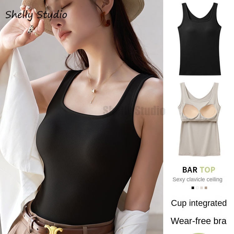 2 in 1 เสื้อชั้นในสั้น ผ้าฝ้าย 100% คอสี่เหลี่ยม สไตล์เกาหลี แฟชั่นสําหรับผู้หญิง ไซซ์ S-XL