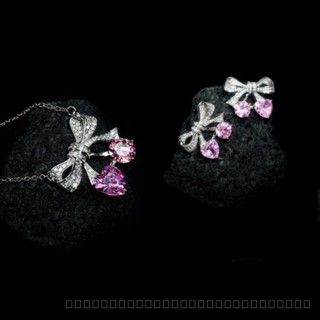 0914YWSJ Affordable Luxury Style High-End Micro-Inlaid Pink Zircon Bow Earrings Fashion Suit High-End Love Necklace Ornament XK3F