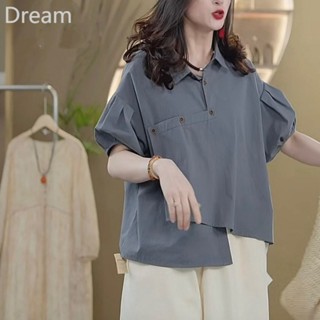 Solid color shirt short sleeve bubble sleeve shirt all-match design irregular loose casual