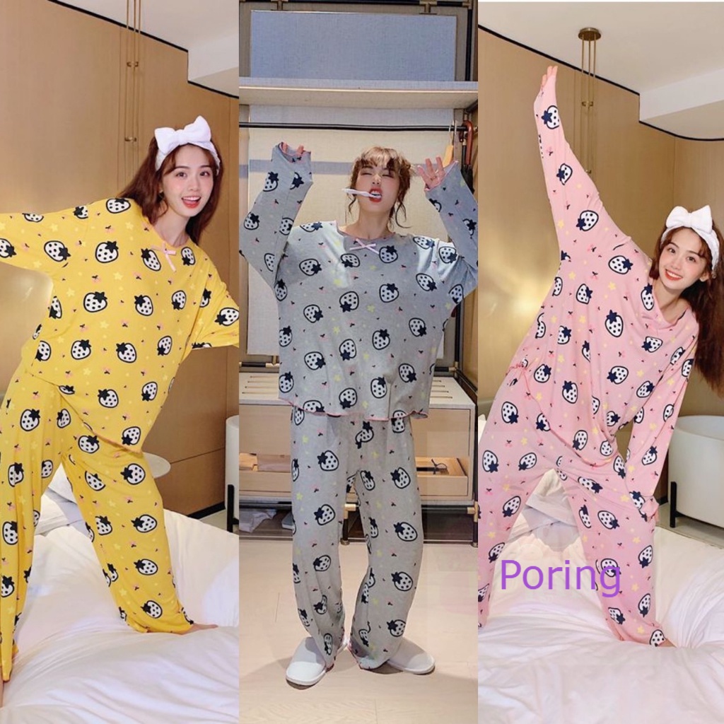 PORING ชุดนอนผ้านิ่ม เบาสบาย ลายสตอเบอรี่สีสดใส #4141