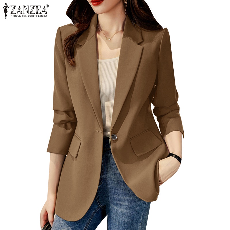 Zanzea เสื้อเบลเซอร์ แขนยาว คอปก ติดกระดุมด้านหน้า สีพื้น สไตล์เกาหลี สําหรับผู้หญิง