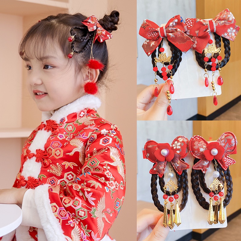 กิ๊บติดผม ประดับโบว์ สีแดง สไตล์จีน สําหรับเด็กผู้หญิง จํานวน 2 ชุด