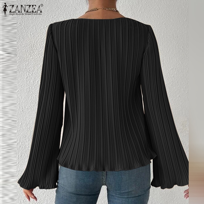 Zanzea เสื้อเบลาส์ลําลอง แขนยาว คอกลม สไตล์ยุโรป สําหรับผู้หญิง - รูปที่ 5