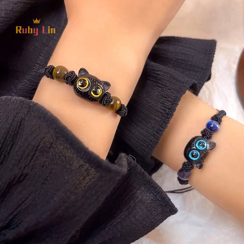 ทับทิม น่ารัก แมวดํา เชือกถัก สร้อยข้อมือ ผู้หญิง ผู้ชาย คู่ สร้อยข้อมือ อินเทรนด์ เครื่องประดับ ของขวัญ ดี