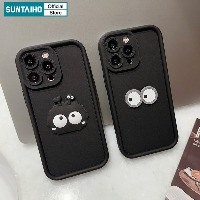 Suntaiho ตาน่ารัก DIY ยิ้มสีดําพรีเมี่ยมซิลิโคนเหลวเคสโทรศัพท์สําหรับ iPhone 16 15 Pro Max 14 13 12 iPhone 11 Pro Max Xs Max XR Xs IP 7 8 Plus ฝาครอบกันกระแทก